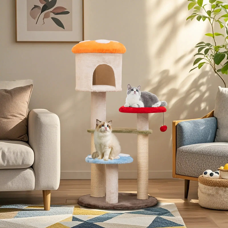 Cute Mushroom Cat Tree with Sisal Scratching Posts Top Condo and Padded Platforms-Multicolor by DirectDeals