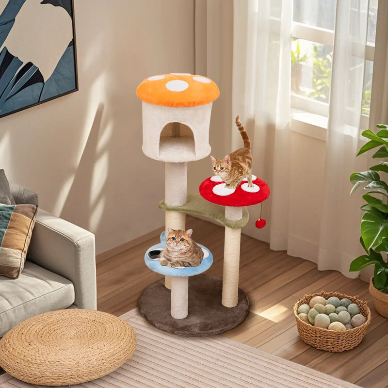 Cute Mushroom Cat Tree with Sisal Scratching Posts Top Condo and Padded Platforms-Multicolor by DirectDeals