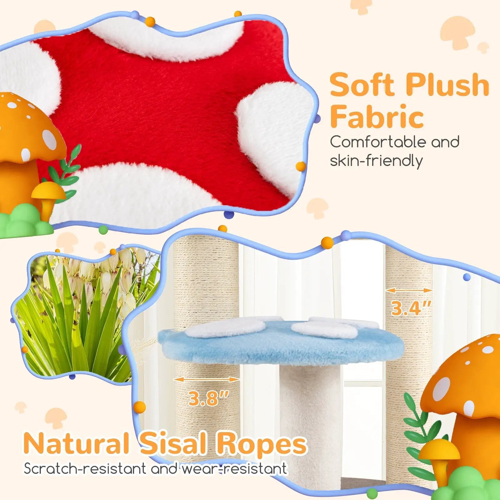 Cute Mushroom Cat Tree with Sisal Scratching Posts Top Condo and Padded Platforms-Multicolor by DirectDeals