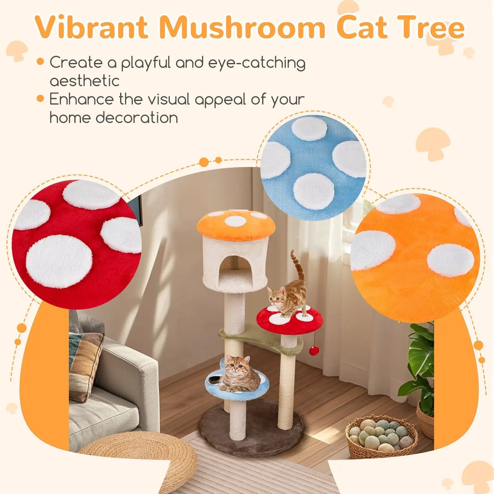 Cute Mushroom Cat Tree with Sisal Scratching Posts Top Condo and Padded Platforms-Multicolor by DirectDeals