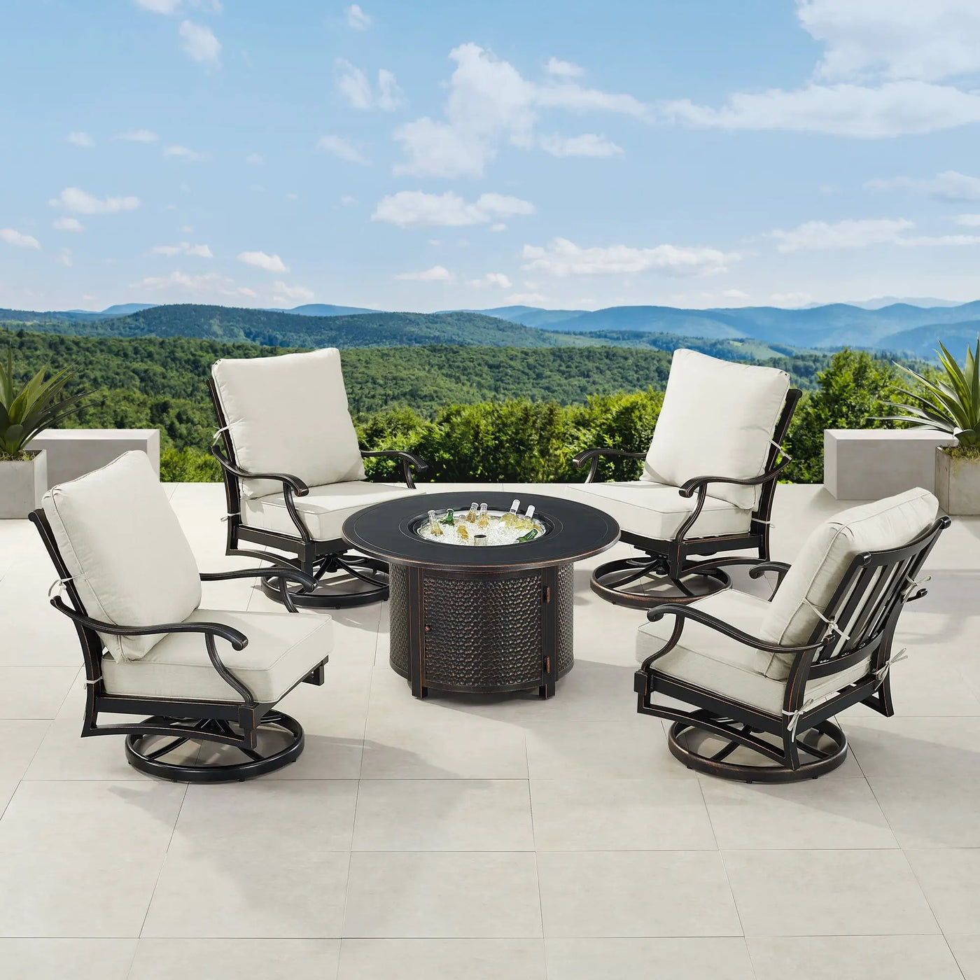 Black Aluminum Fire Table Set with Four Club Chairs by Sharicks