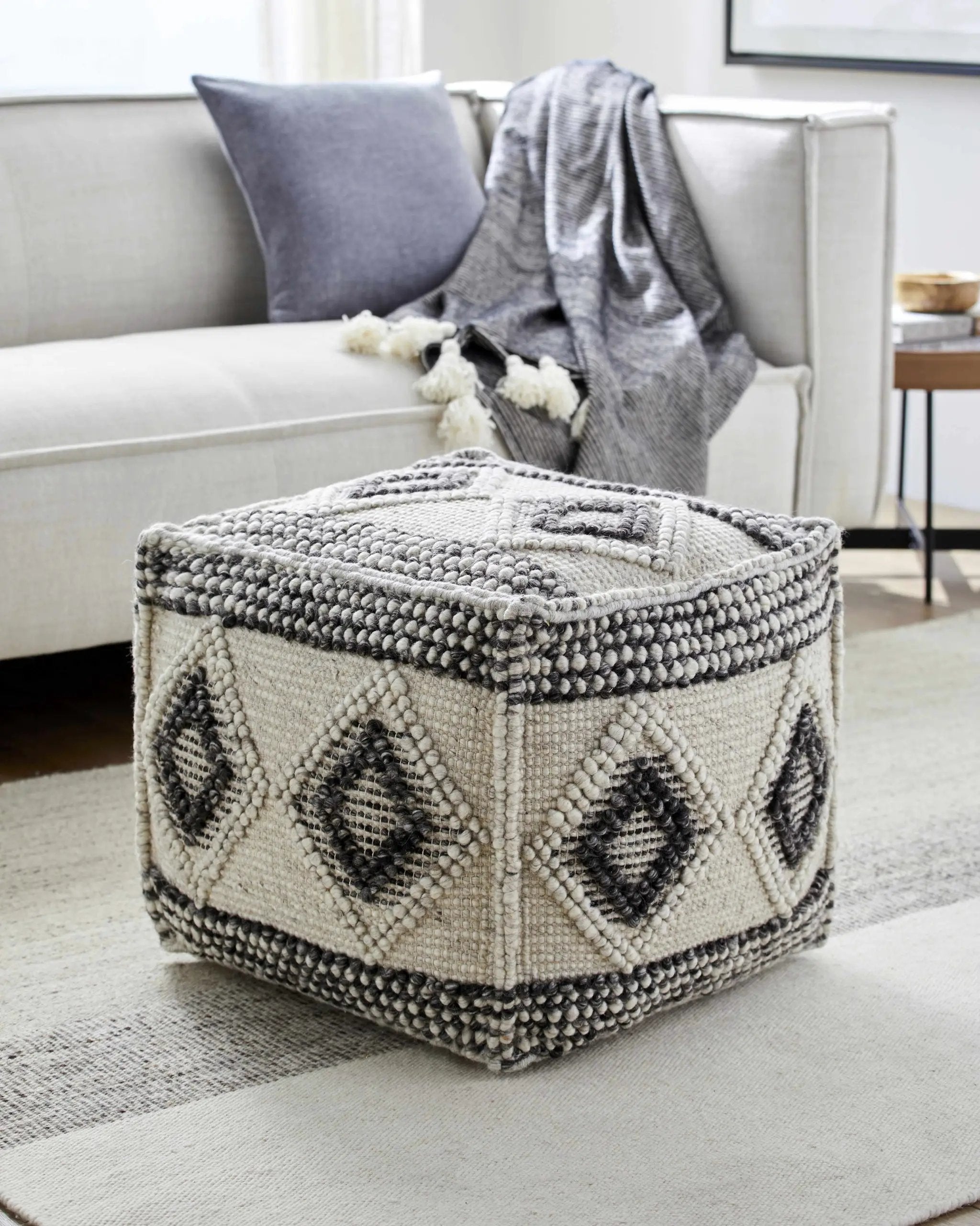 Cowanesque Beige Diamond-Patterned Square Pouf by Boutique Rugs
