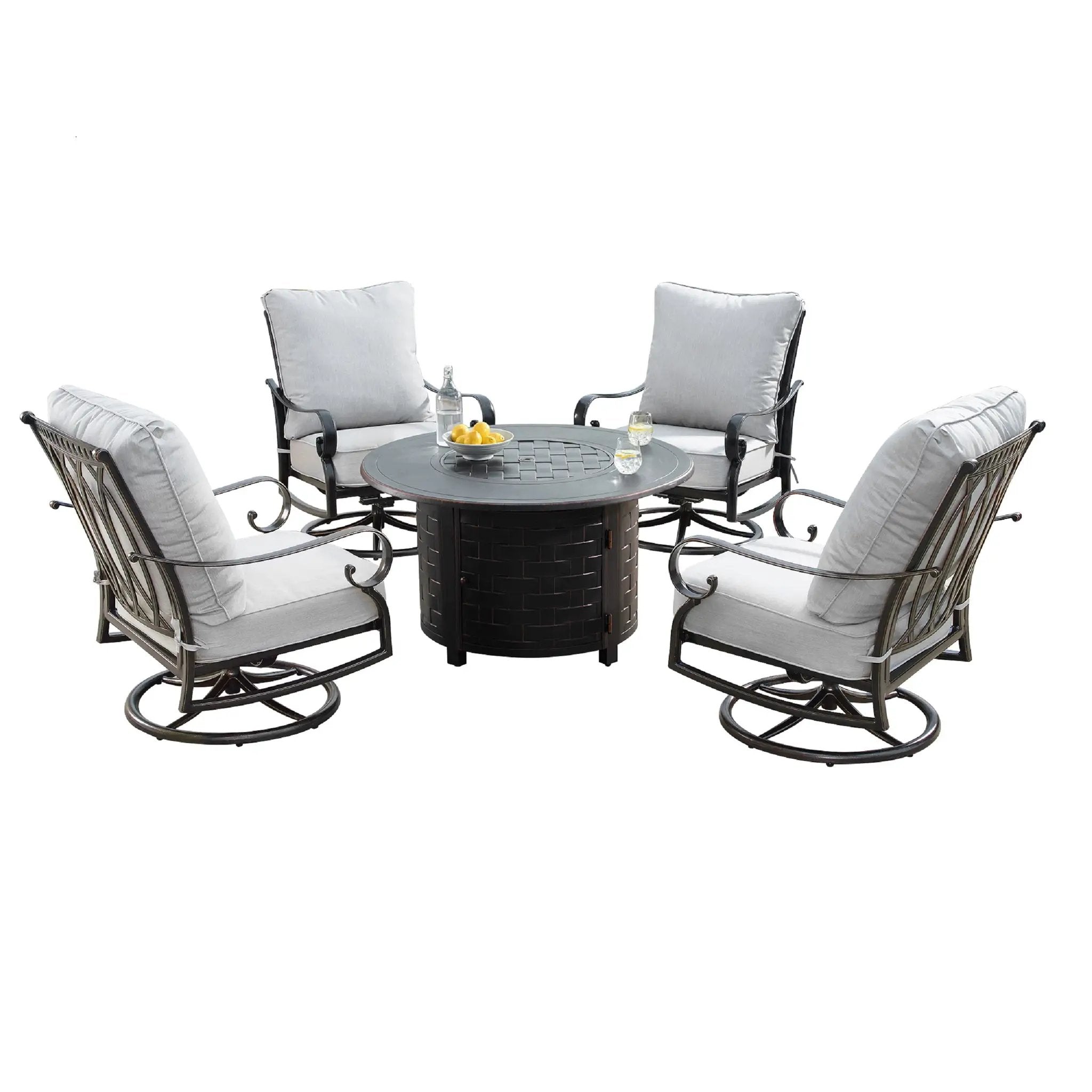 Aluminum 44-in Round Patio Fire Table Set with Swivel Rocking Chairs by Sharicks