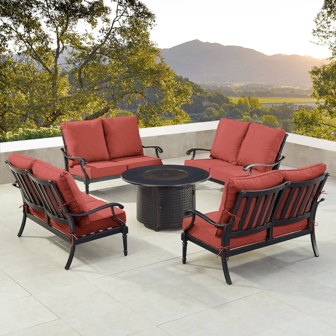 Black Aluminum Fire Table Set with Four Deep Seating Loveseats by Sharicks