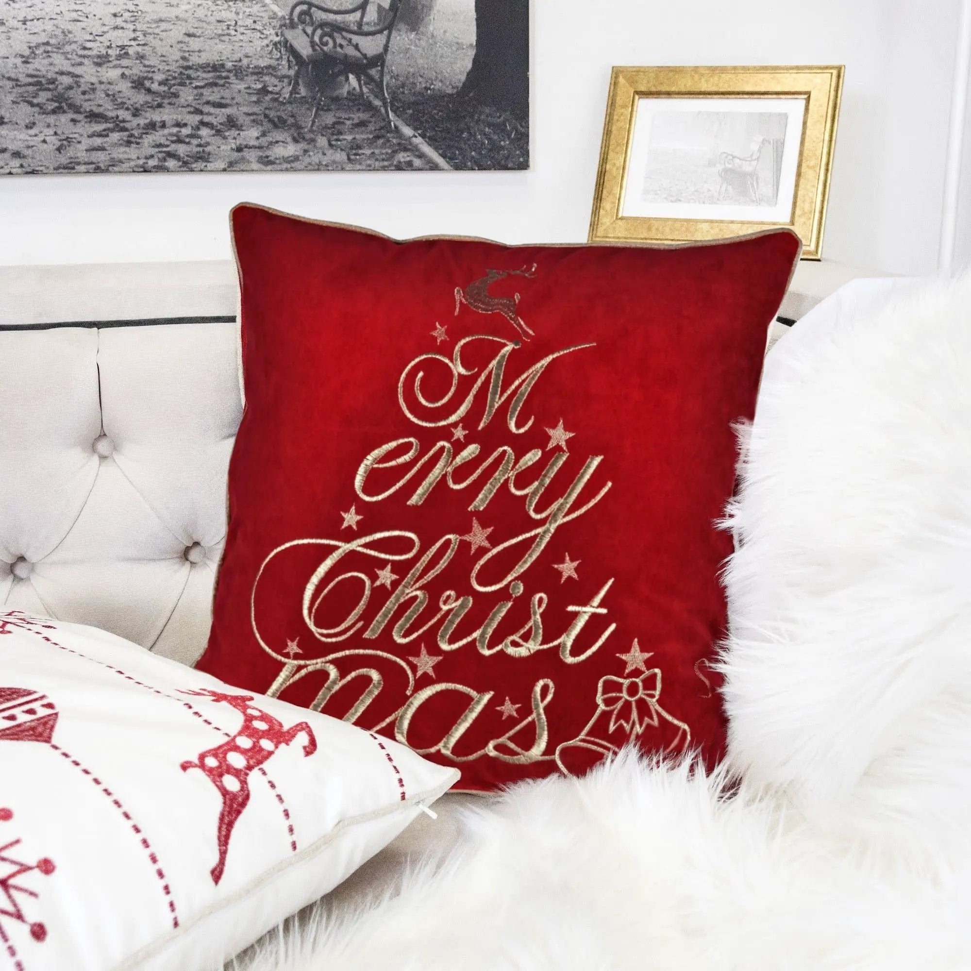 Red Velvet Christmas Throw Pillow with Merry Christmas Embroidery by HouseOfZazla
