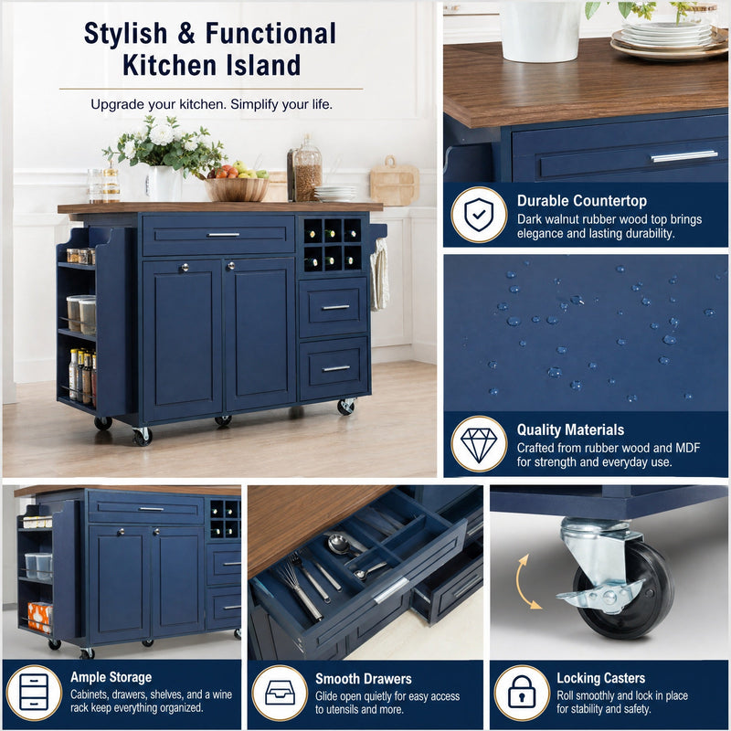 Rolling Kitchen Island Cart with Drop-Leaf and Rubber Wood Top - Natural, photo 4 of 10