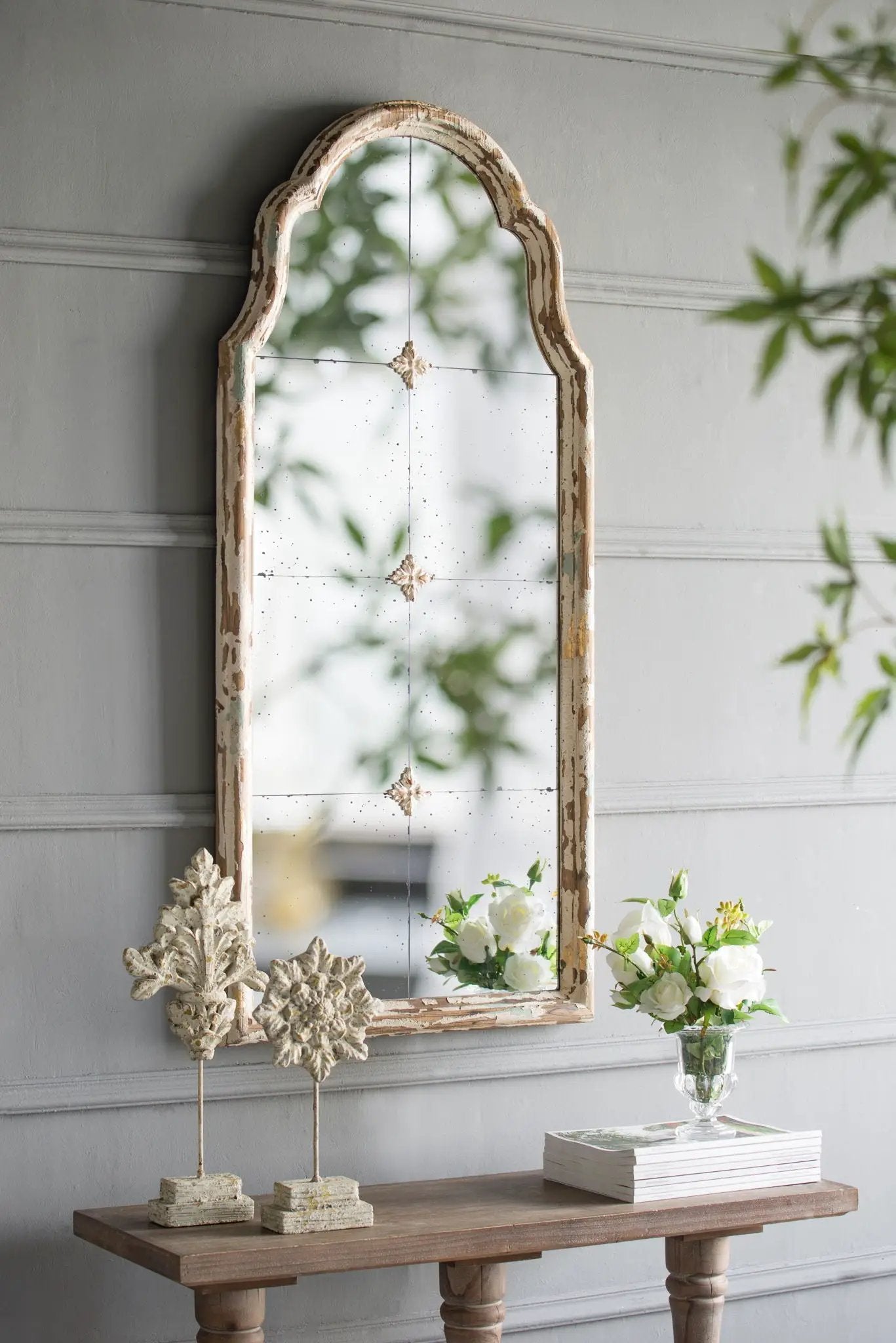 Large & Framed Wall Mirror, Arched Mirror With Decorative Window Look For Living Room - Cream by Unique Piece Furniture