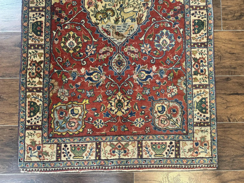 Small Persian Tabriz Rug 2.8 x 4.7, Red, Animal Pictorials, Semi Antique Vintage by Jewel Rugs