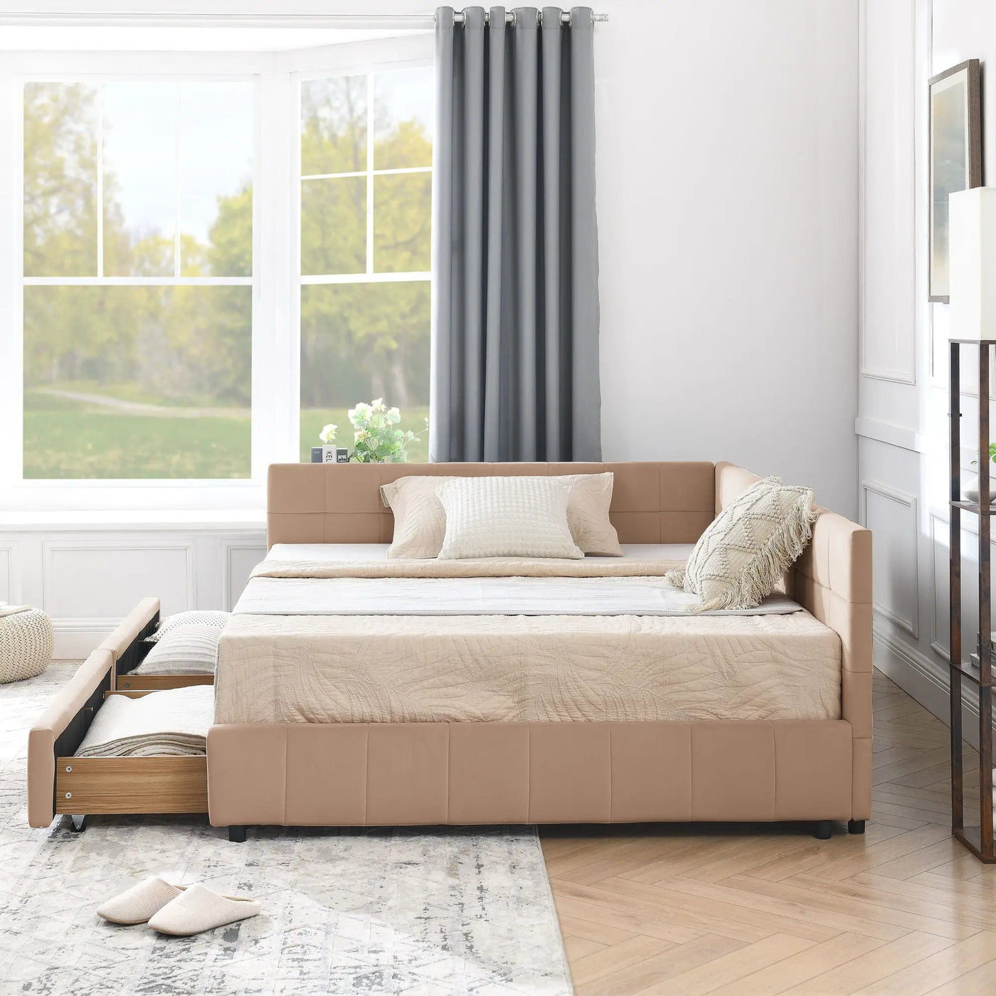 Mid-Century Storage Upholstered Tufted Bed Frame With Backrest And Armrests by Unique Piece Furniture