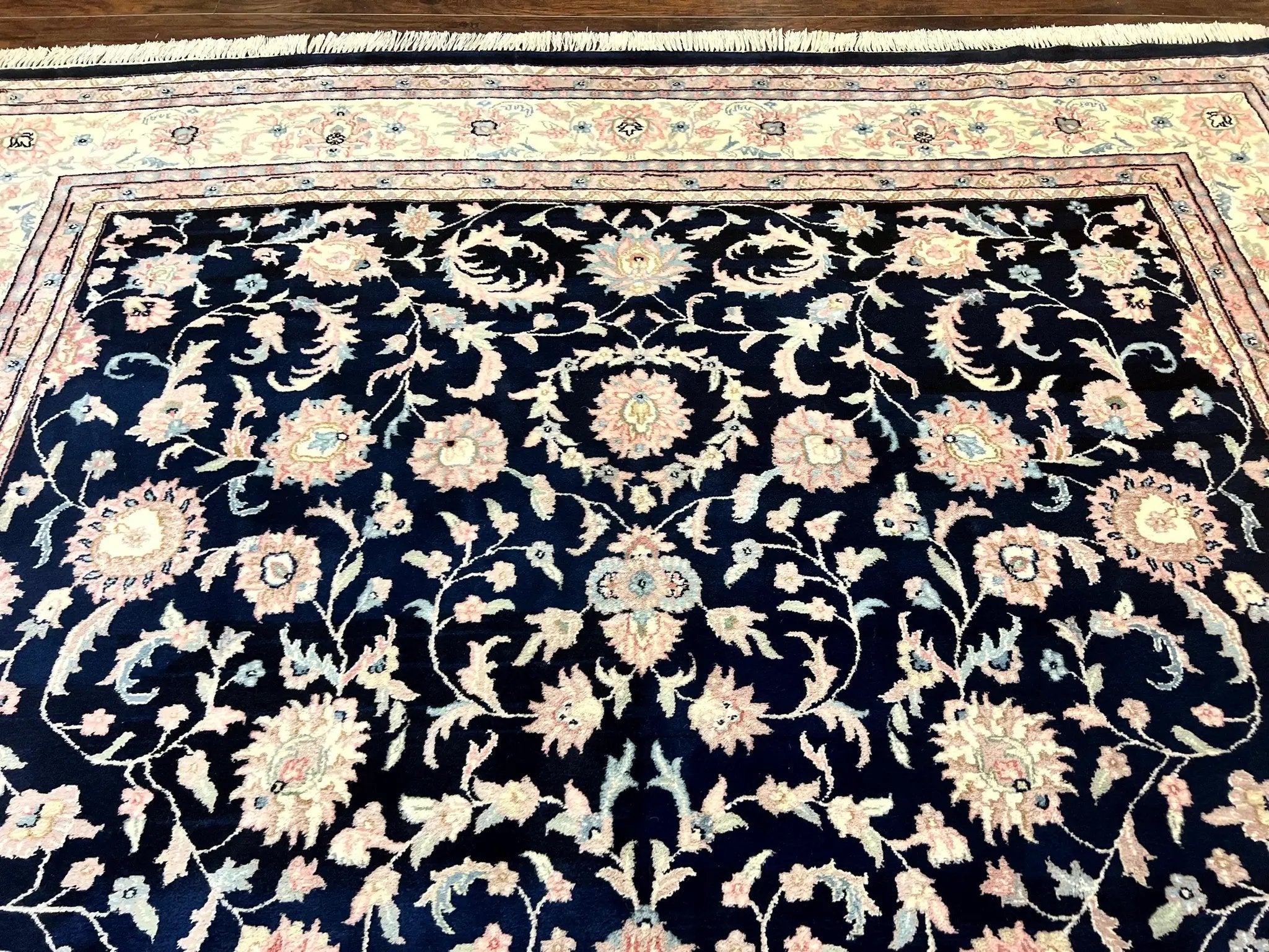 Indo Persian Rug 9x12, Navy Blue and Ivory/Cream, Floral Allover, Wool Vintage Handmade Carpet by Jewel Rugs