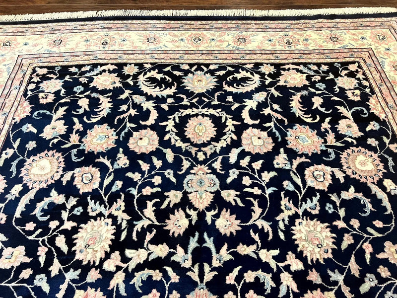 Indo Persian Rug 9x12, Navy Blue and Ivory/Cream, Floral Allover, Wool Vintage Handmade Carpet by Jewel Rugs