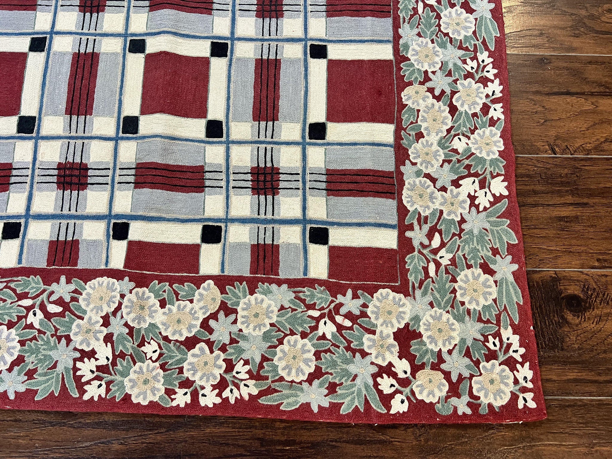 Indian Hand Stitched Rug 4x6, Vintage Carpet, Checkerboard Floral Pattern, Maroon Ivory, Flatweave, Wool by Jewel Rugs
