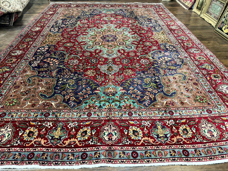 Wonderful Persian Tabriz Rug 10x14, Antique Persian Carpet, Handmade Wool Rug, Floral Medallion, Red Navy Blue, Colorful, Large Persian Area Rug by Jewel Rugs