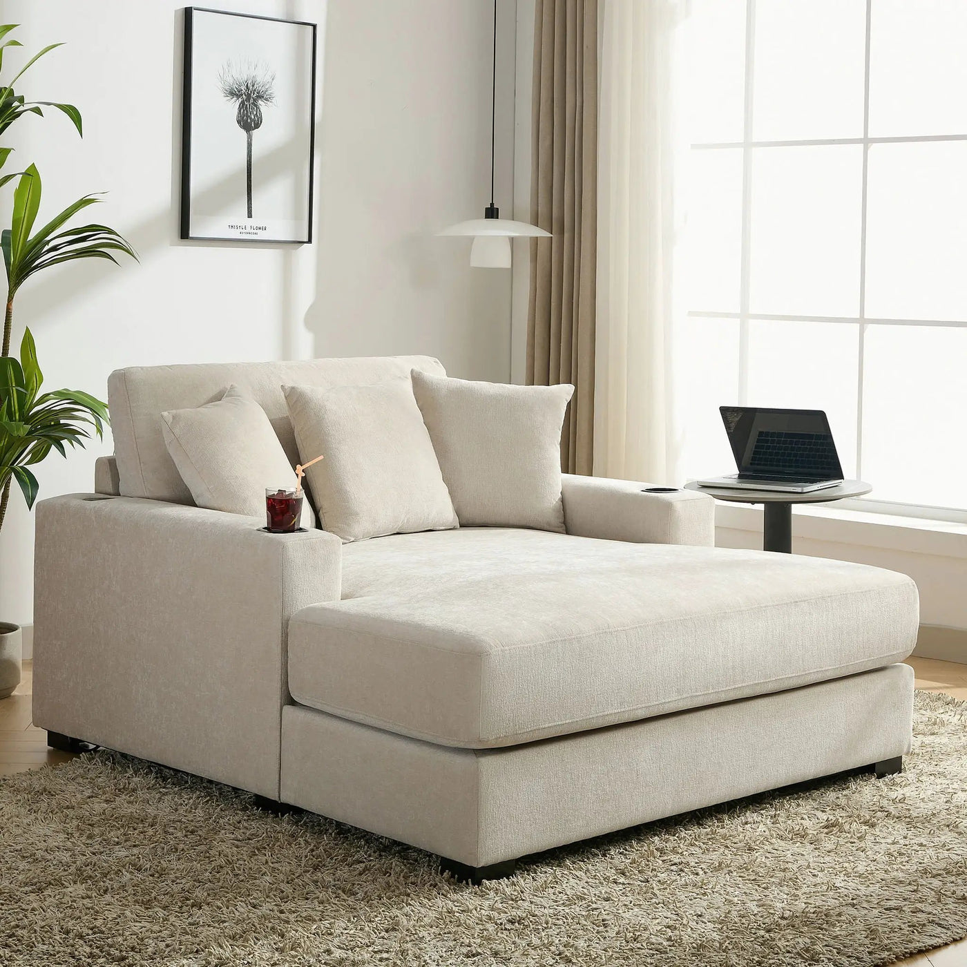 Oversized Chaise Lounger Modern Style Sofa Couch With Pillows, Charge Station & Cup Holders by HouseOfZazla