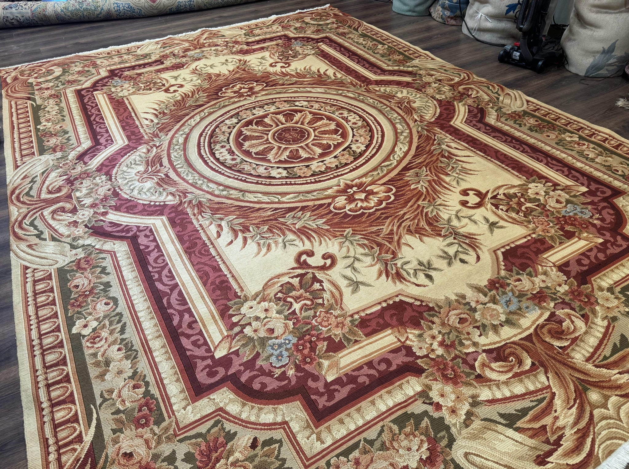 Large Aubusson Rug 10x13, Thick Flatweave Carpet, Elegant European Design, Cream and Raspberry by Jewel Rugs