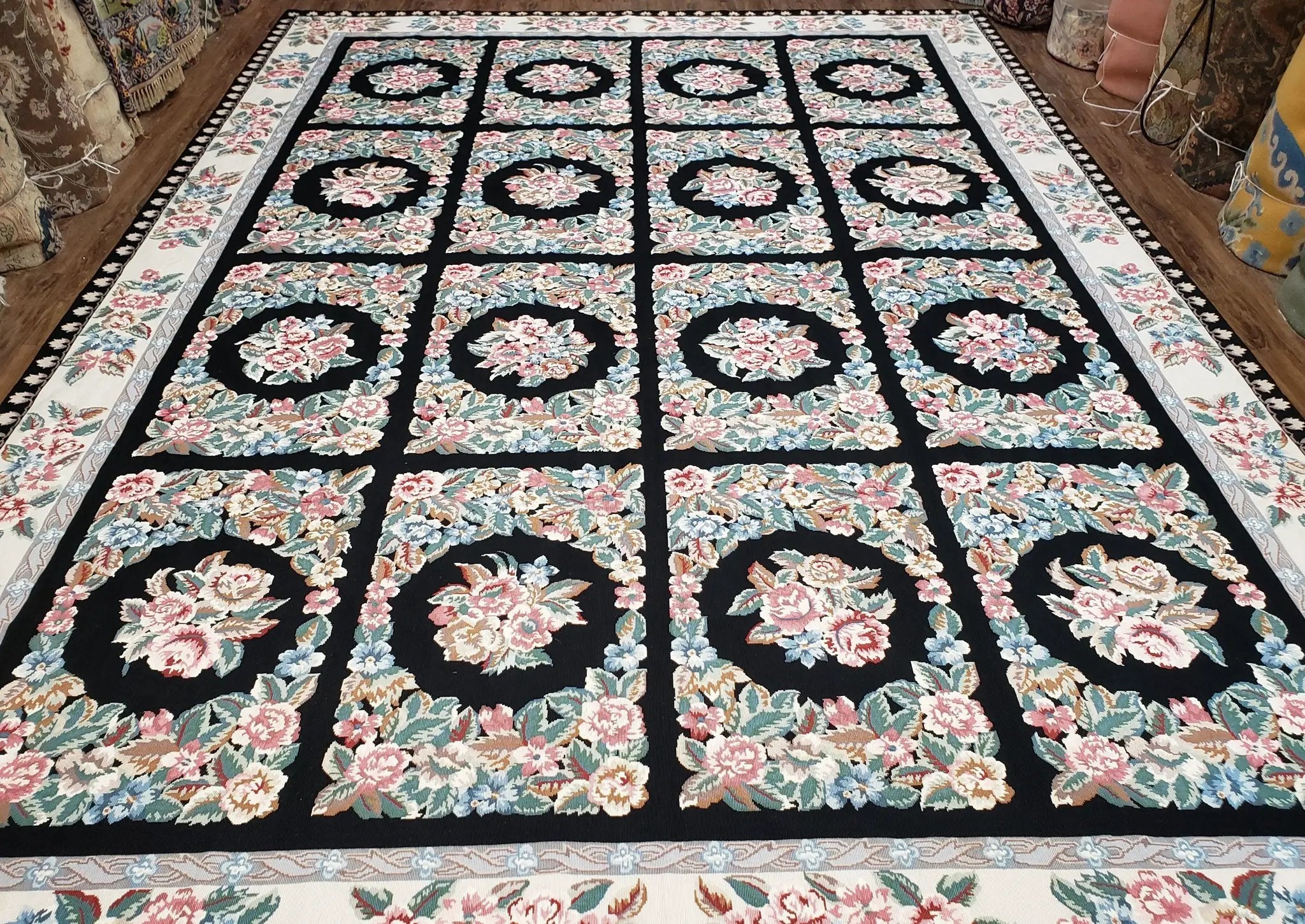 Floral Needlepoint Rug 9.5 x 13.6, Floral Panel Design, Black and Ivory Flatweave Aubusson Carpet, Multicolor by Jewel Rugs
