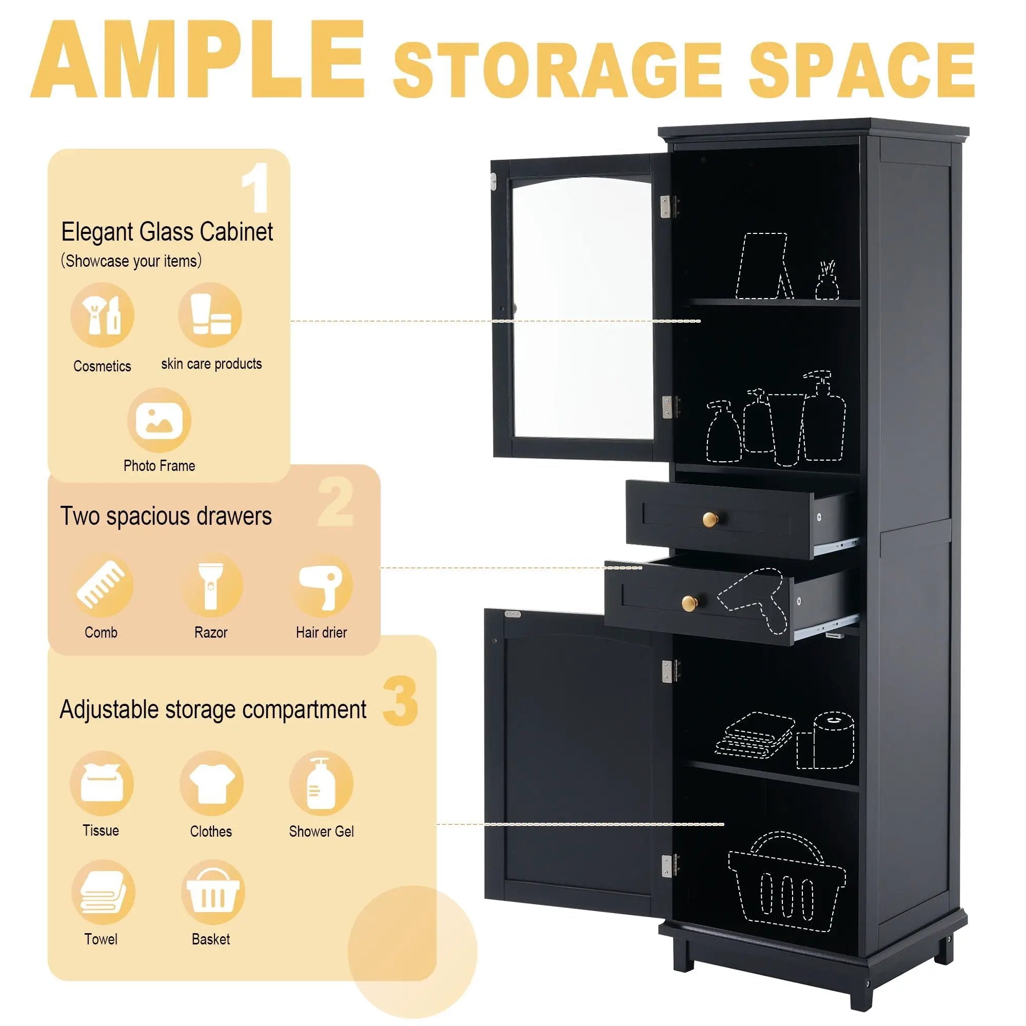 Tall Bathroom Storage Cabinet With Glass Doors, Free-Standing, Two Drawers, And Adjustable Shelves, Board, Painted Perfect For Displaying Your Favorite Items by HouseOfZazla