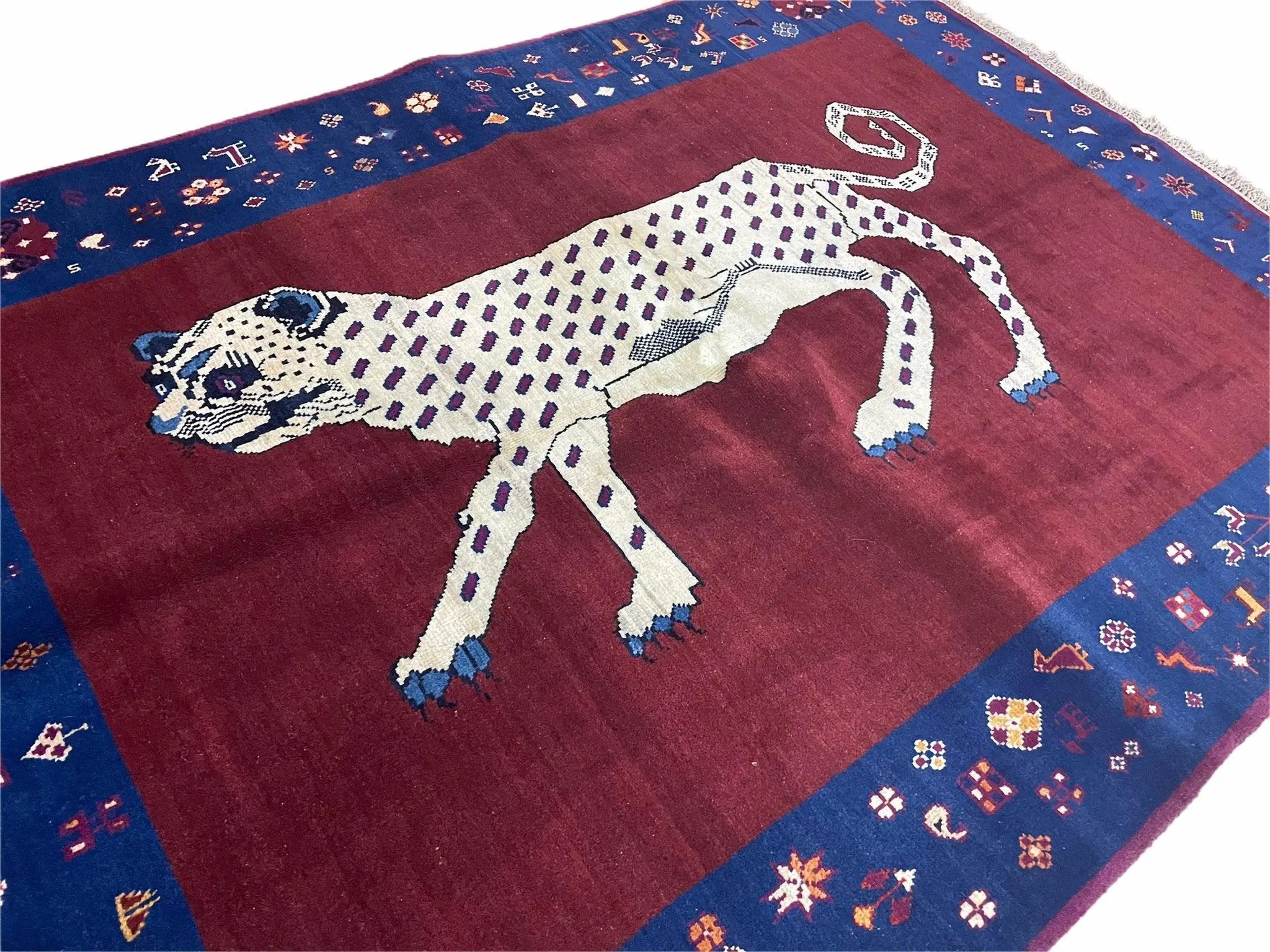 5 X 7 Handmade Zagros Wool Rug Snow White Panther Maroon Blue Organic Dyes by Jewel Rugs