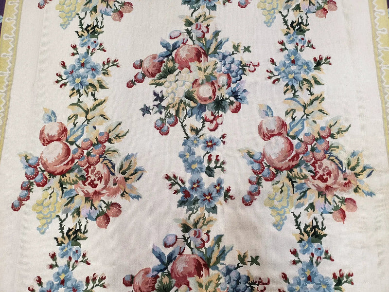 Vintage Chinese Floral Needlepoint Area Rug 6x9, Wool Hand-Woven Handmade Flatweave Rug, Ivory & Purple, Fruits Grapes Apples, Dining Room by Jewel Rugs