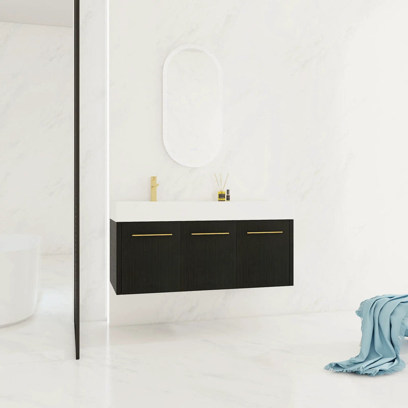 Contemporary 48" Wall Mounted Bathroom Vanity With Resin Sink And Soft Closing Doors And Line - Black Chestnut by HouseOfZazla