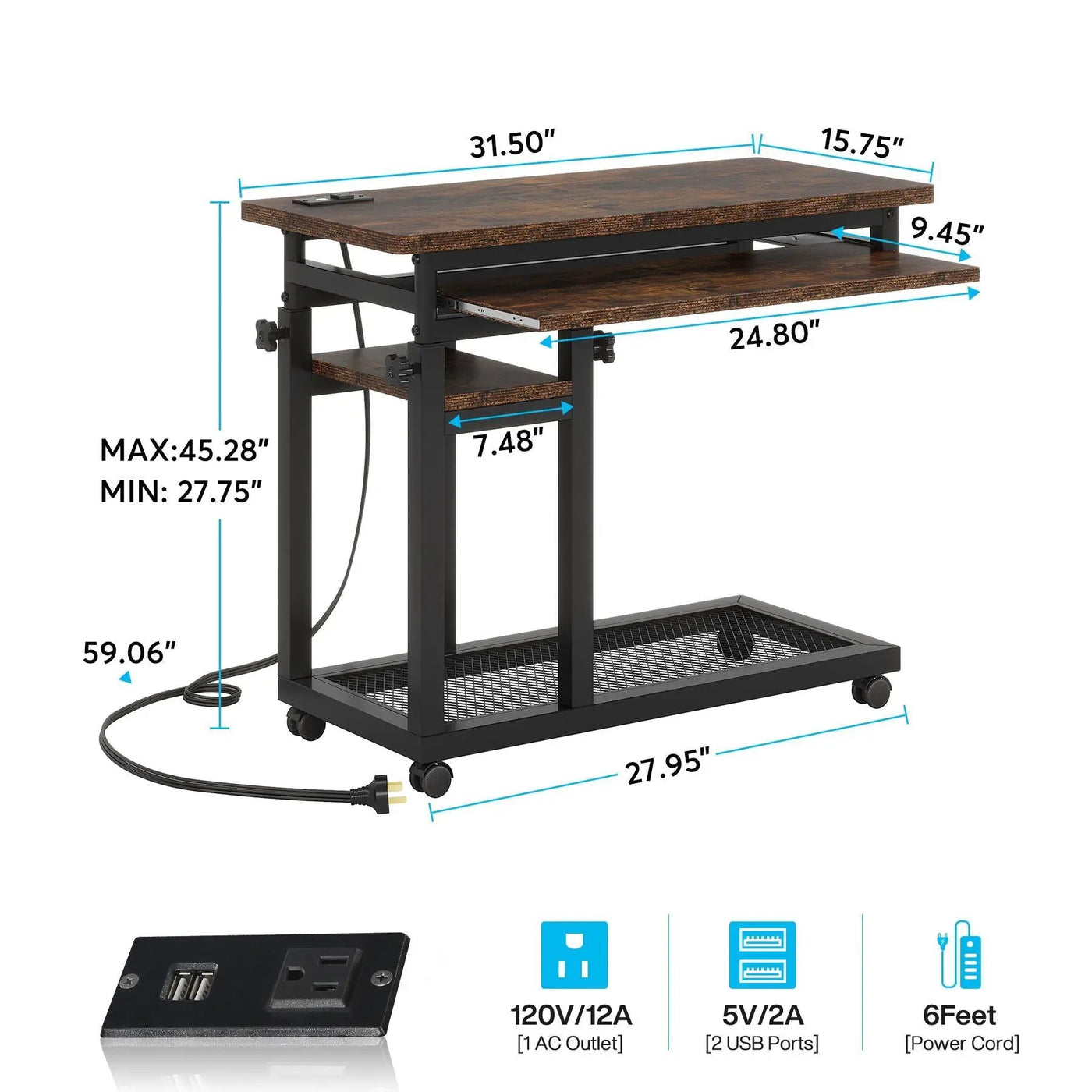 Adjustable Portable C-Shaped Desk With Power Outlet & USB Ports by HouseOfZazla