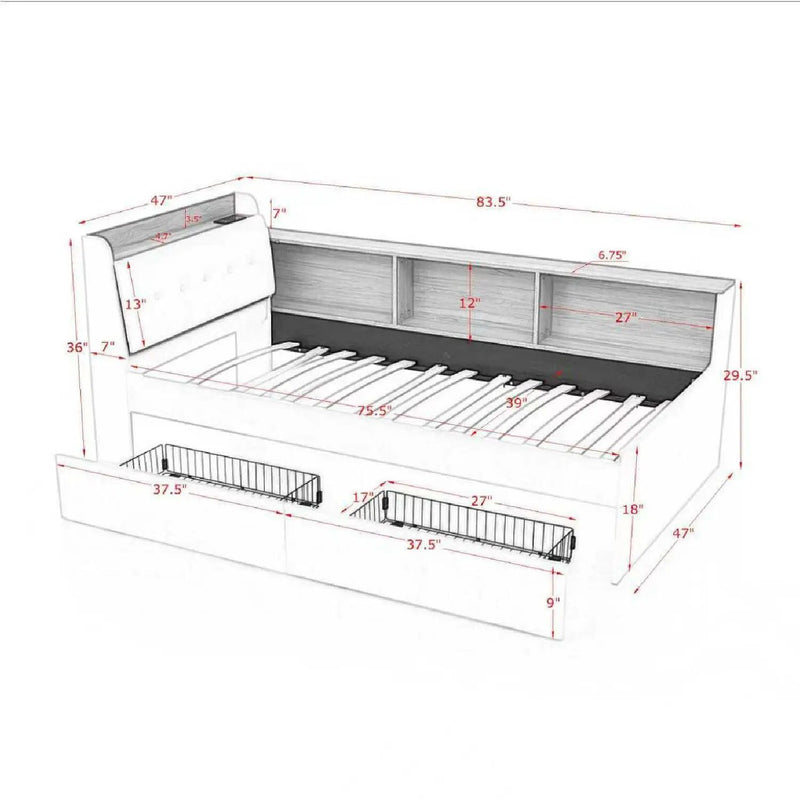 Upholstered Daybed With Storage Headboard, Wireless Charging, LED Lights by Unique Piece Furniture
