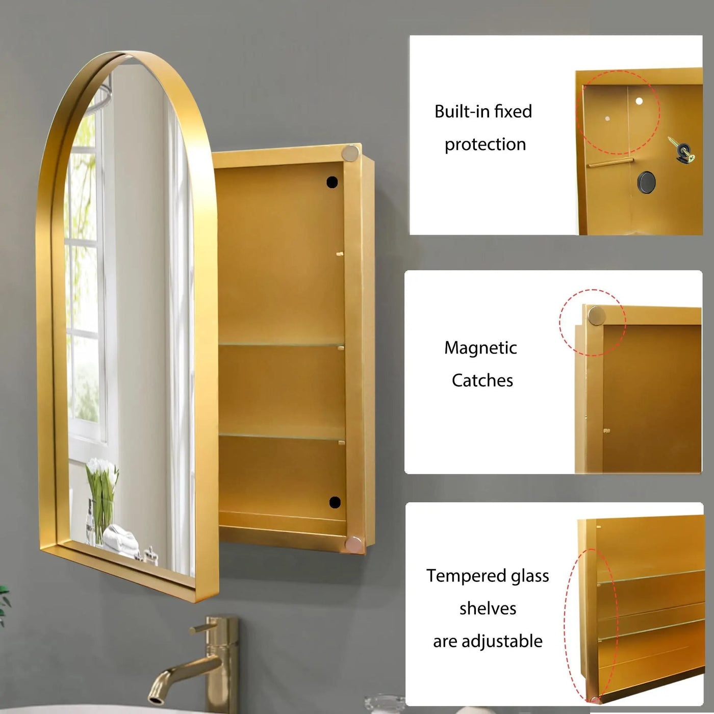 Arched Recessed Medicine Cabinet, Metal Framed Bathroom Wall Cabinet With Mirror And Adjustable Shelves, Wall Mirror With Storage For Bathroom by HouseOfZazla