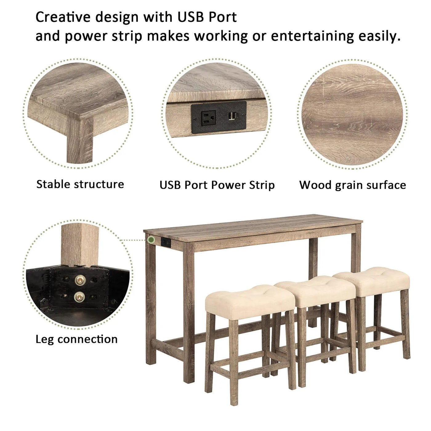 4 Piece Bar Table Set With Power Outlet, 3 Padded Stools by HouseOfZazla