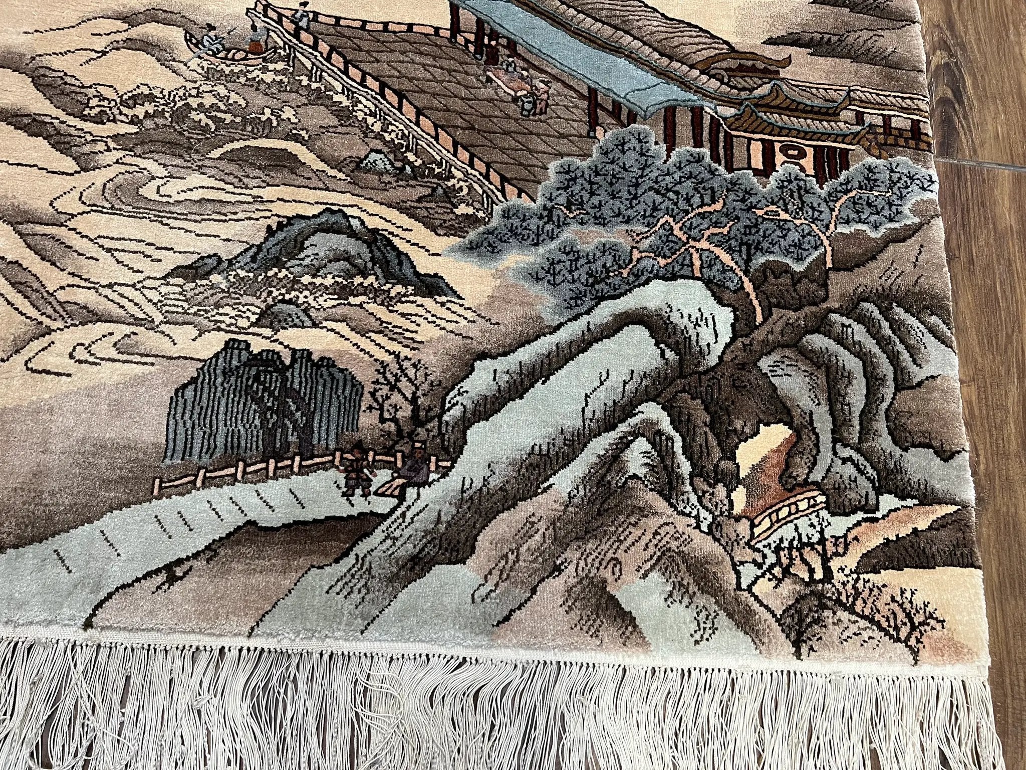 Silk Chinese Wall Hanging Rug 3x6 ft Tapestry, Pagoda Scene, Pictorial, High Quality Fine Hand Knotted Vintage, Asian Oriental Handmade Nice by Jewel Rugs