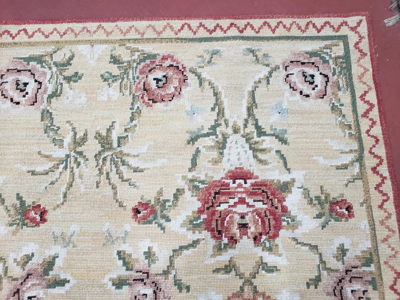 Needlepoint Rug 10x14 Wool Flatweave Carpet, English Floral Pattern, Pale Yellow, Roses, Allover Pattern, Handmade Large Needlepoint Nice by Jewel Rugs