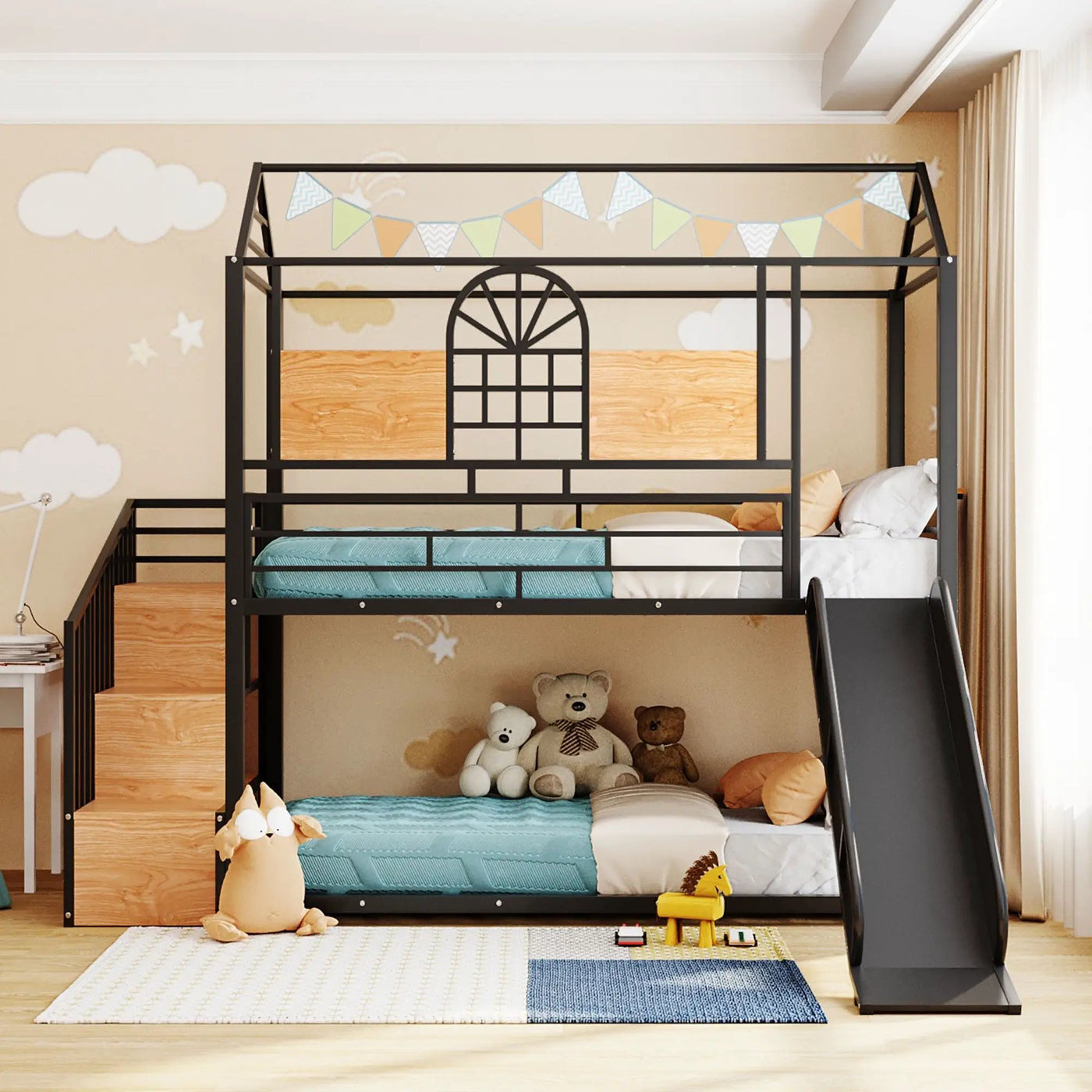 Metal Bunk Bed, Metal Housebed With Slide And Storage Stair by HouseOfZazla