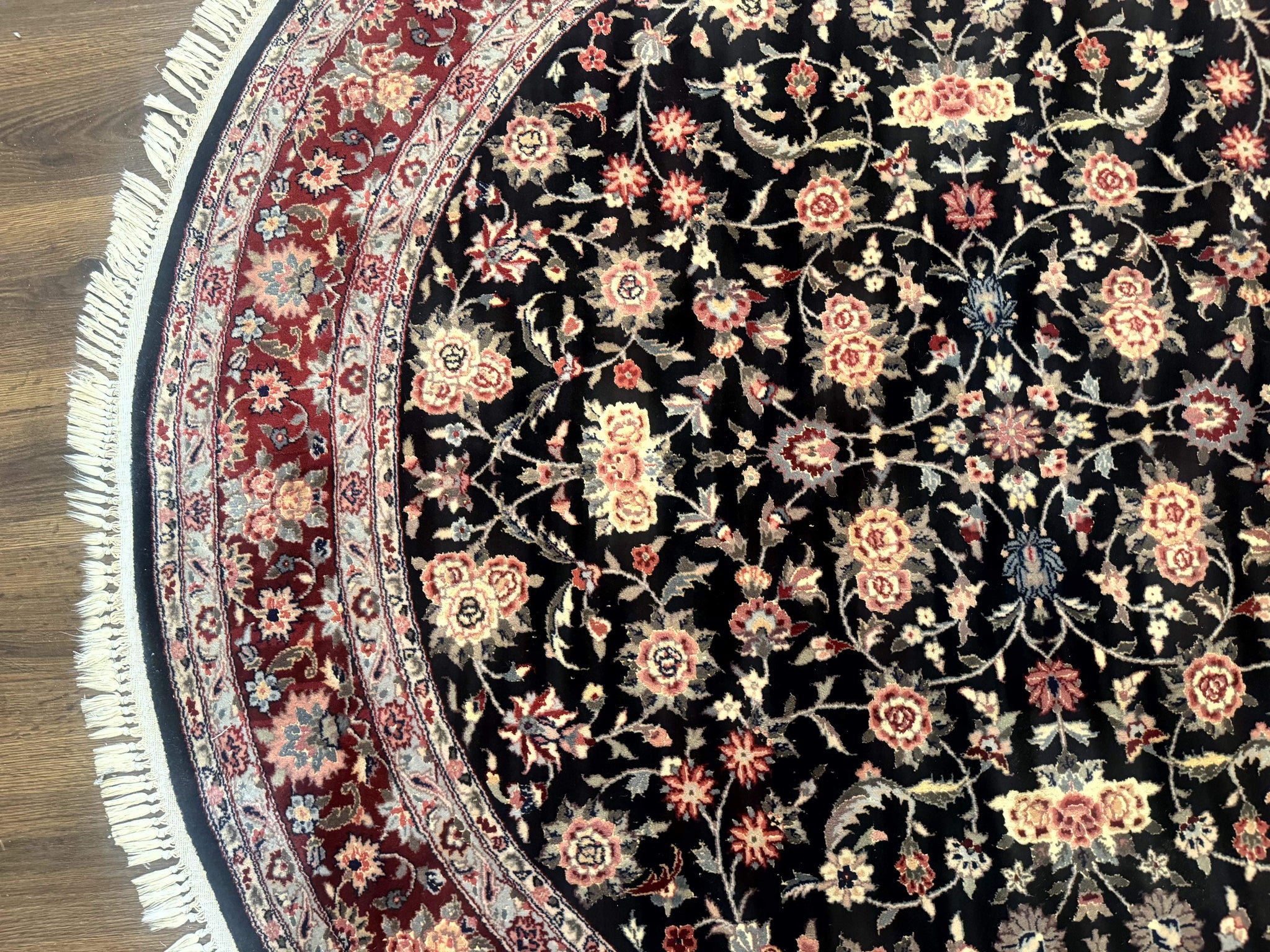 Round Sino Persian Rug 6x6, Floral, Navy Blue and Red, Wool and Silk Highlights by Jewel Rugs