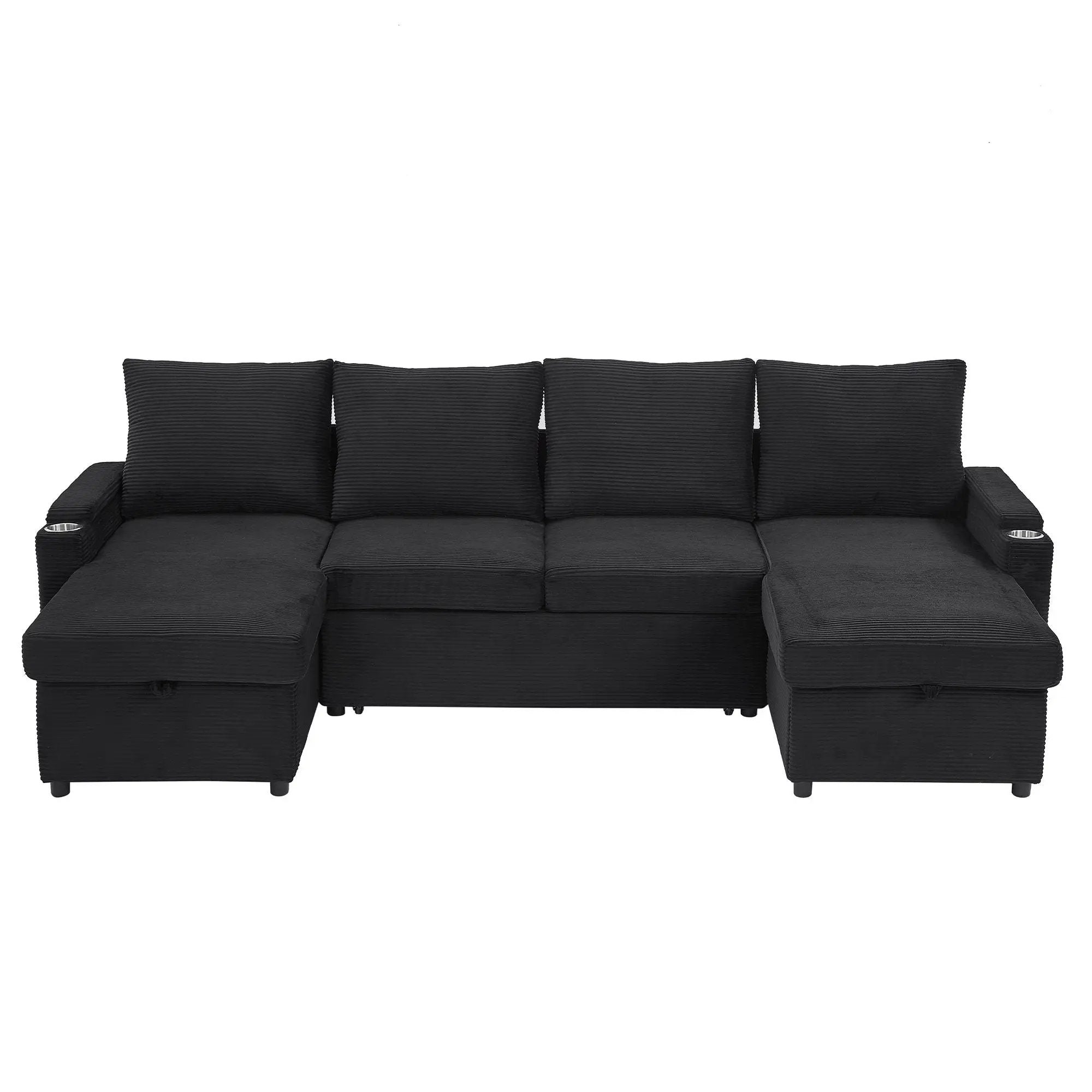 U Shaped Sectional Sofa Bed With Storage Chaise Lounges, USB Ports, And Cup Holders by HouseOfZazla