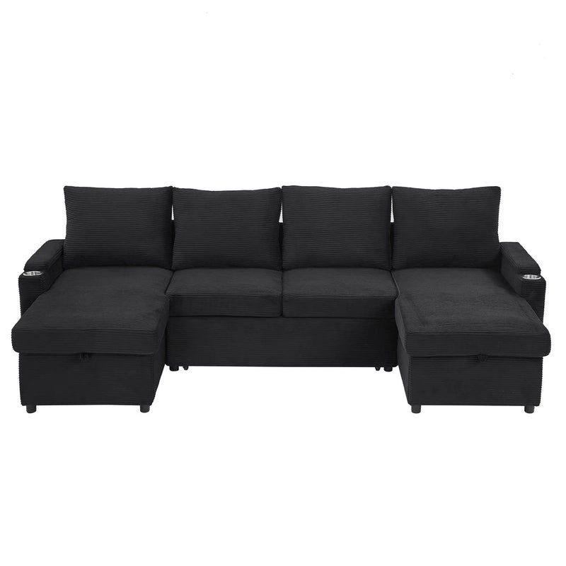 U Shaped Sectional Sofa Bed With Storage Chaise Lounges, USB Ports, And Cup Holders by HouseOfZazla