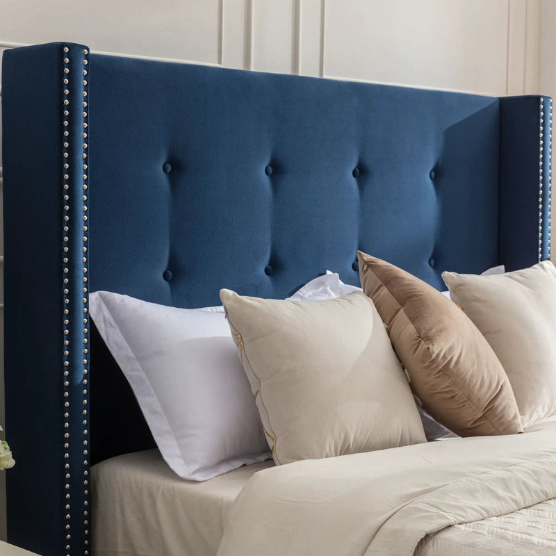 Peyton Upholstered Queen Bed with 54' High Headboard and Traditional Buttoned Tufting in Blue Velvet by BLAKHOM