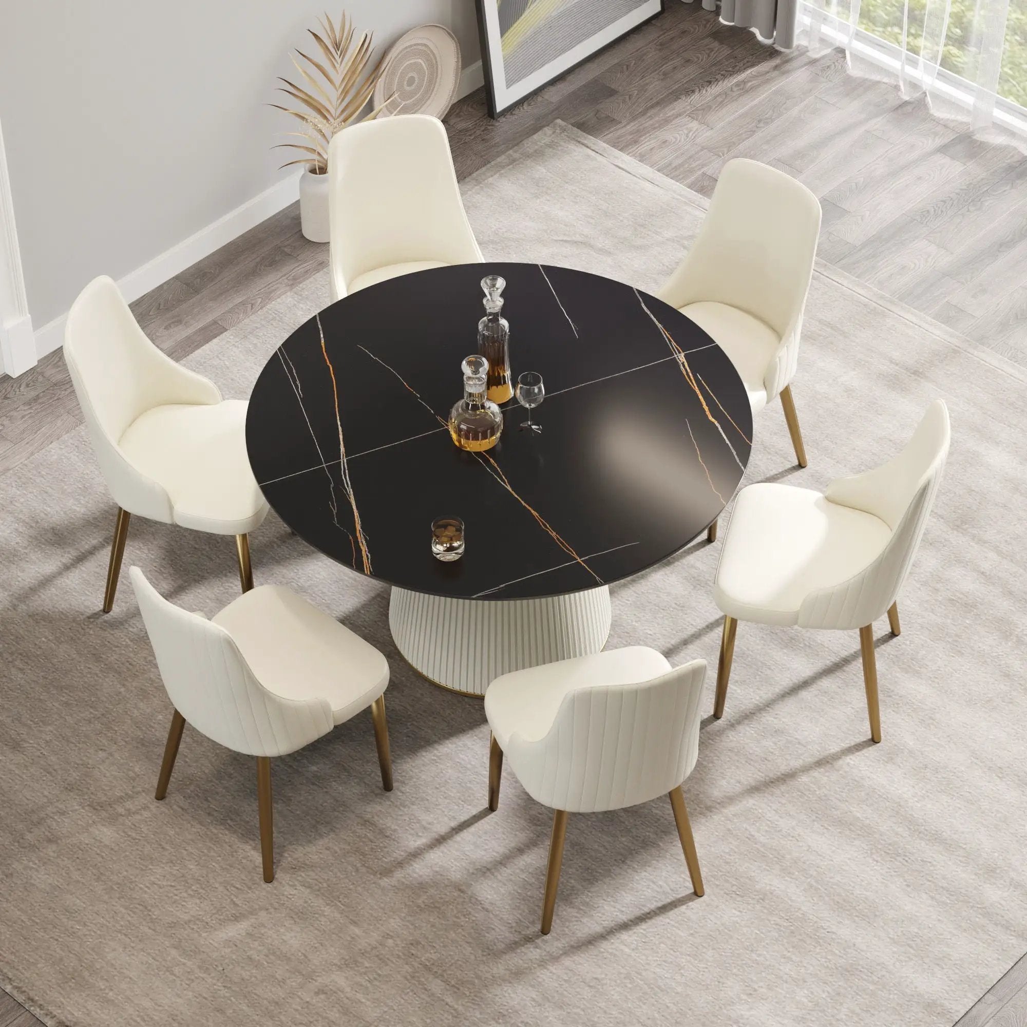 Modern Artificial Stone Round Plywood Base Dining Table, Can Accommodate 6 People, (Not Including Chairs) - Black / Beige by HouseOfZazla