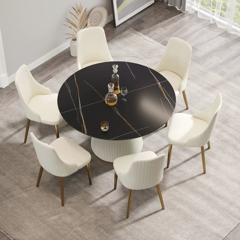 Modern Artificial Stone Round Plywood Base Dining Table, Can Accommodate 6 People, (Not Including Chairs) - Black / Beige by HouseOfZazla