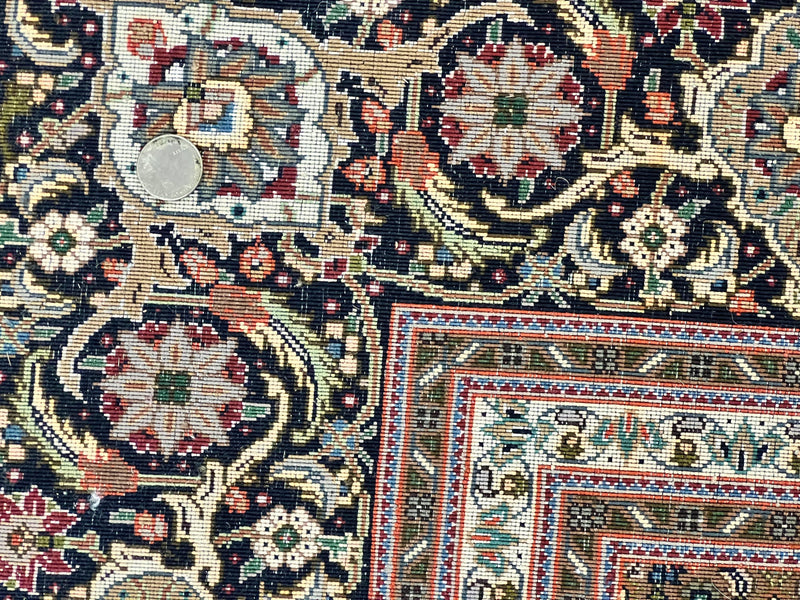 Persian Tabriz Rug 7x10, Very Fine 330 KPSI 50 Raj, Black and Beige, Handmade Wool Vintage Persian Carpet by Jewel Rugs