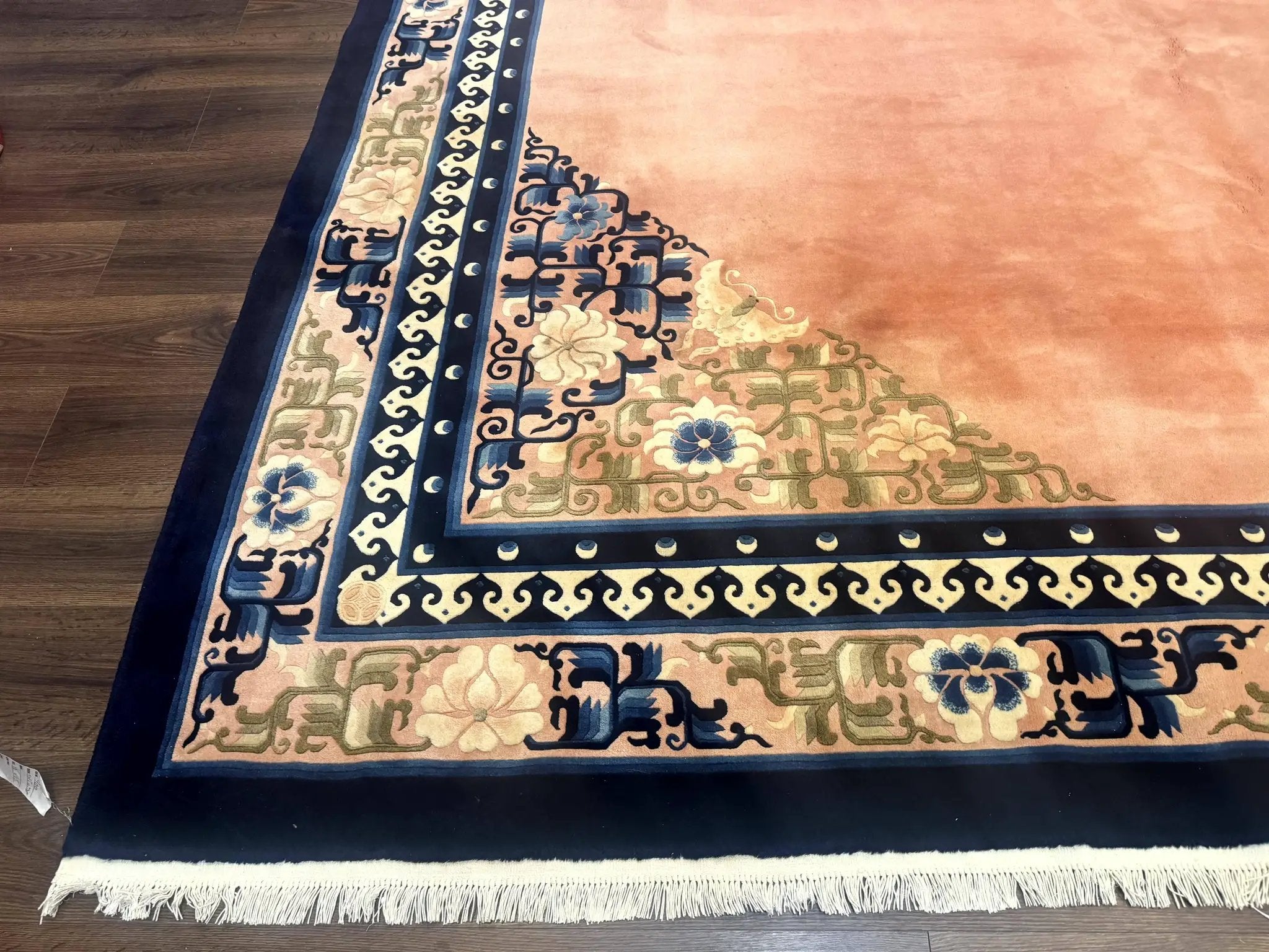 Chinese Wool Rug 11x18, Palace Sized Chinese Carpet, Peking Rug, Peach and Blue, Open Field, Simple Design, Art Deco Rug, Large Handmade Rug by Jewel Rugs