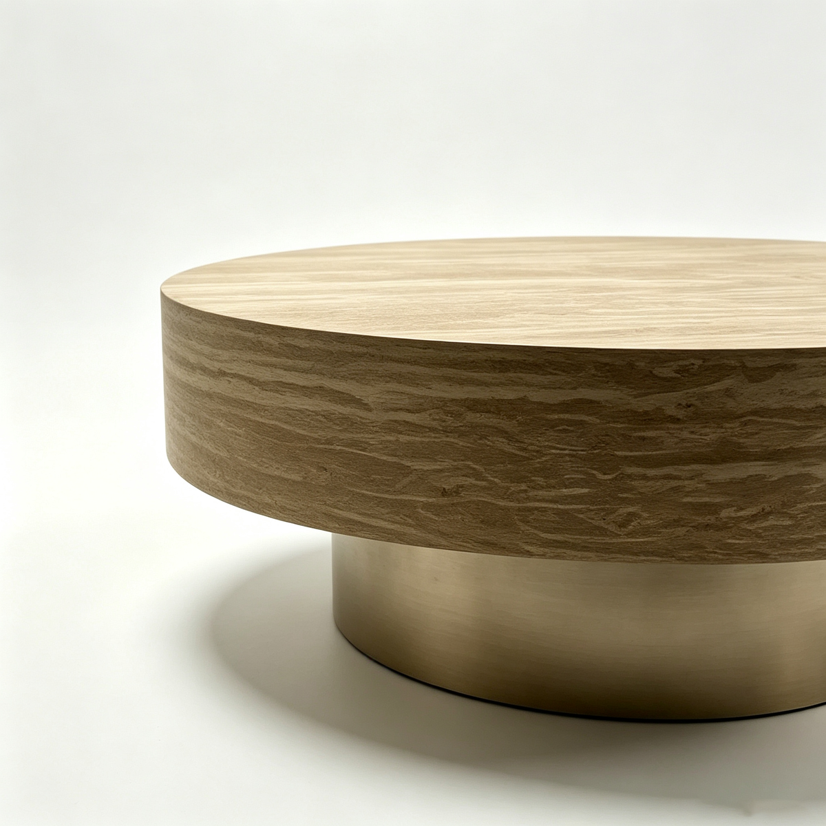 31.88 Inch Round Travertine Coffee Table with MDF Base - Beige, photo 9 of 10