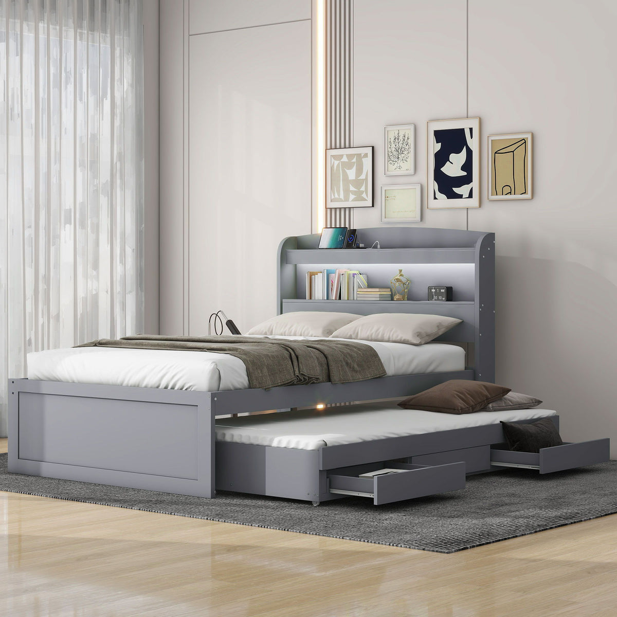 Platform Bed With LED Headboard, Charging Station, Trundle And 2 Drawers, photo 11 of 14