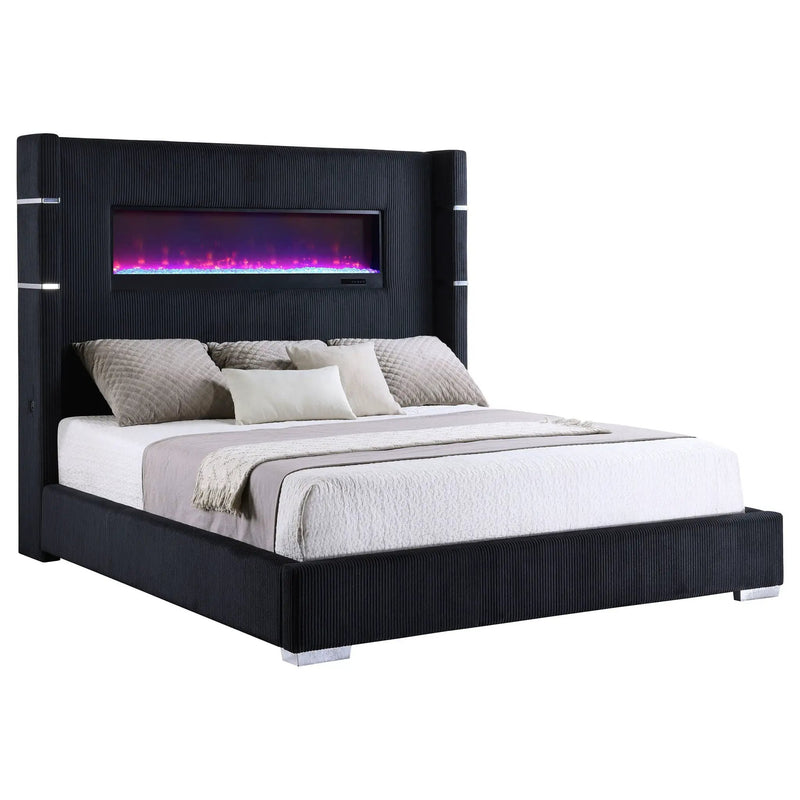 Tisdall Upholstered Cal King Flame Visualizer Bed Black by Unique Piece Furniture