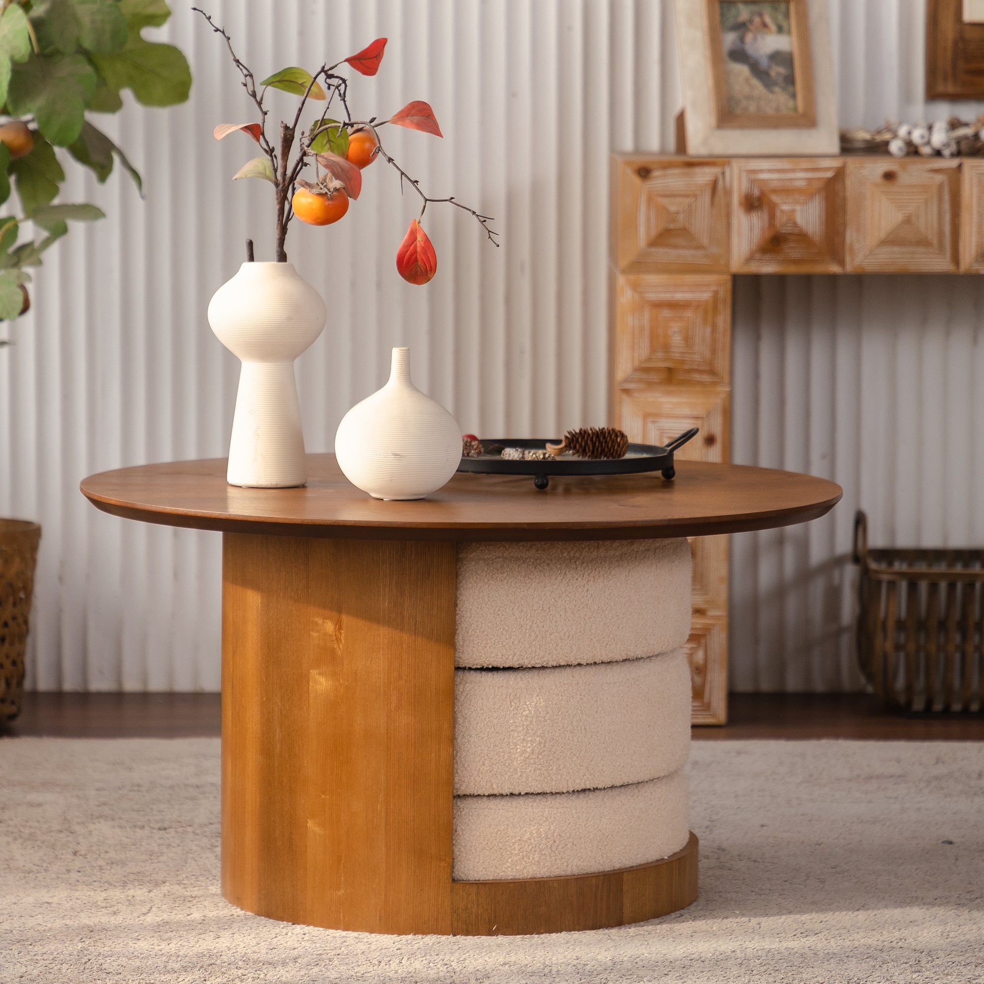 31.5" Round Wood Coffee Table with 3 Teddy Fabric Nesting Stools by HouseOfZazla