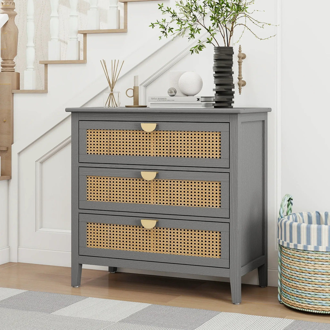 3 Drawer Cabinet, Natural Rattan, American Furniture by HouseOfZazla