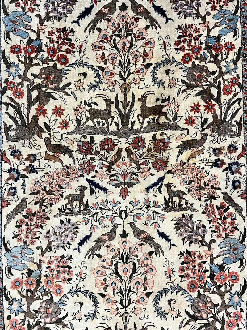 Persian Tree of Life 5x7, Qum Rug, Animal Motifs, Deer Birds, Fine 225 KPSI, Semi Antique Wool Rug, Cream Red by Jewel Rugs