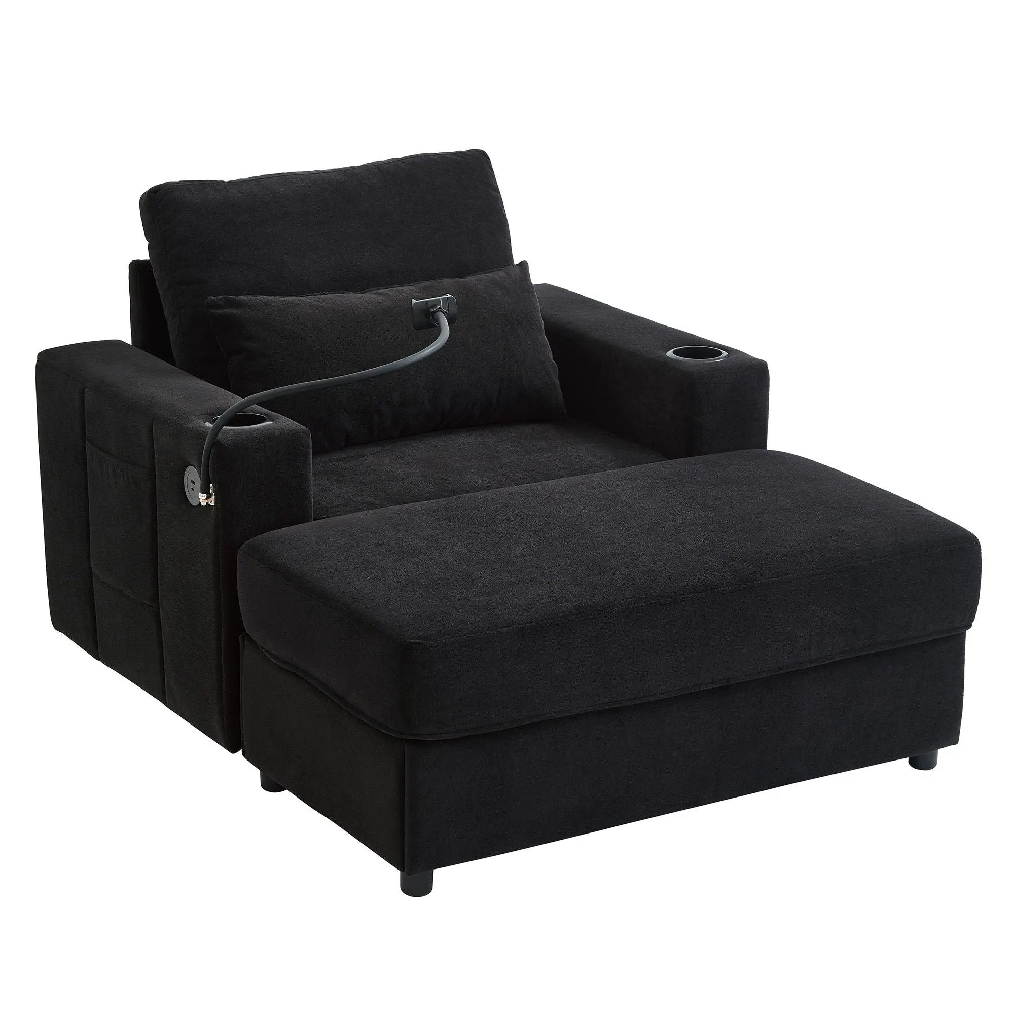 Modern Style Armchair Chaise Lounge Sofa Couch With Movable Storage Ottoman, USB Ports, Cup Holders, Phone Holder, Side Pockets by HouseOfZazla
