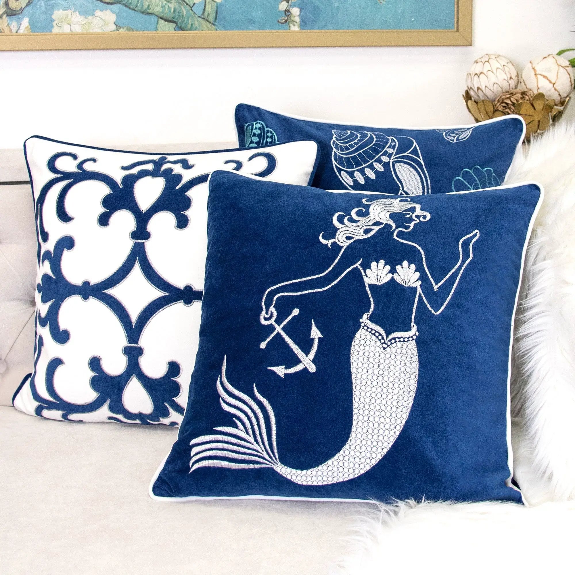 Liz Mermaid Pillow Cover With Matching Back And Hidden Zipper - Indigo by Unique Piece Furniture
