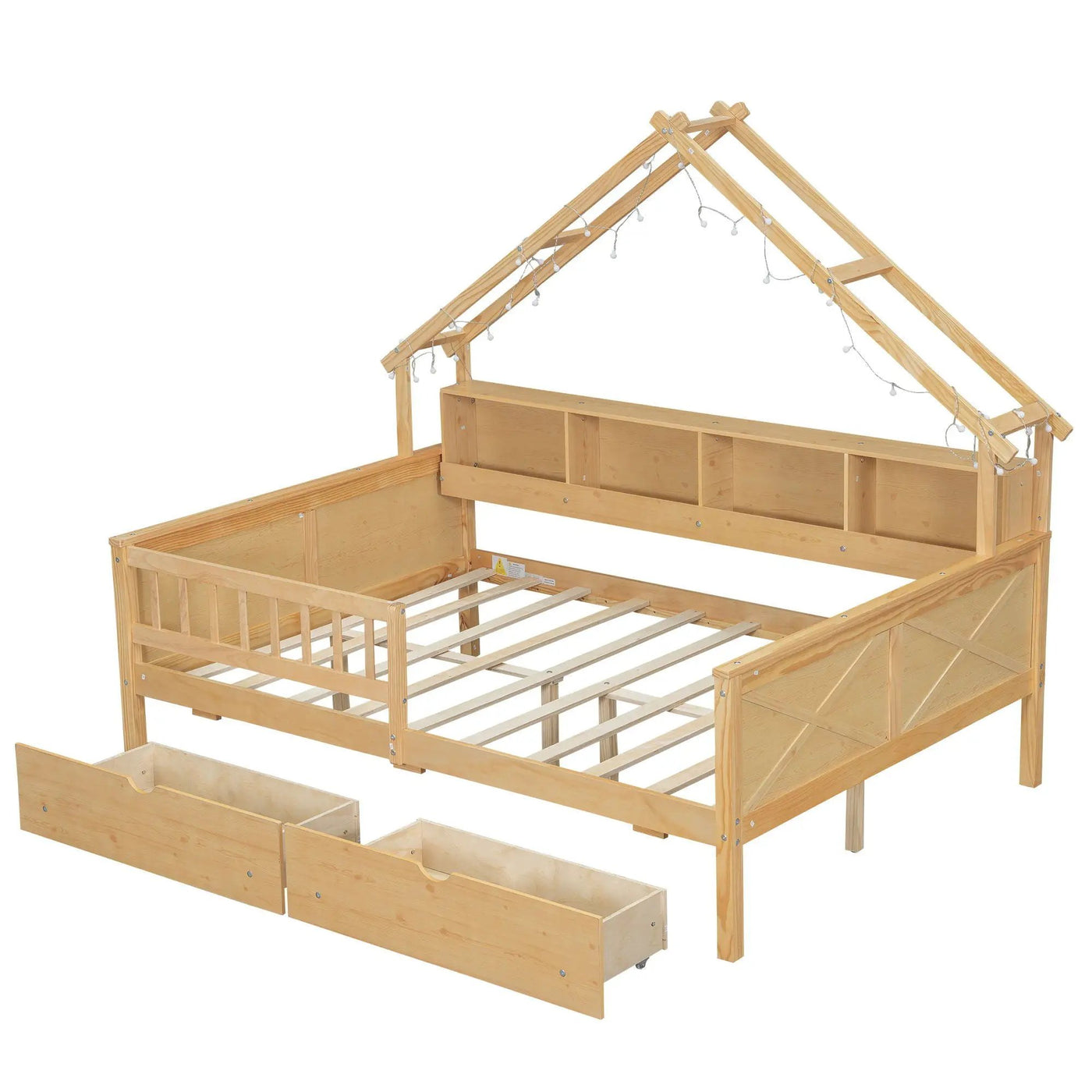 House Style Platform Bed With LED Lights, Storage Shelves, Drawers, And Guardrail by HouseOfZazla