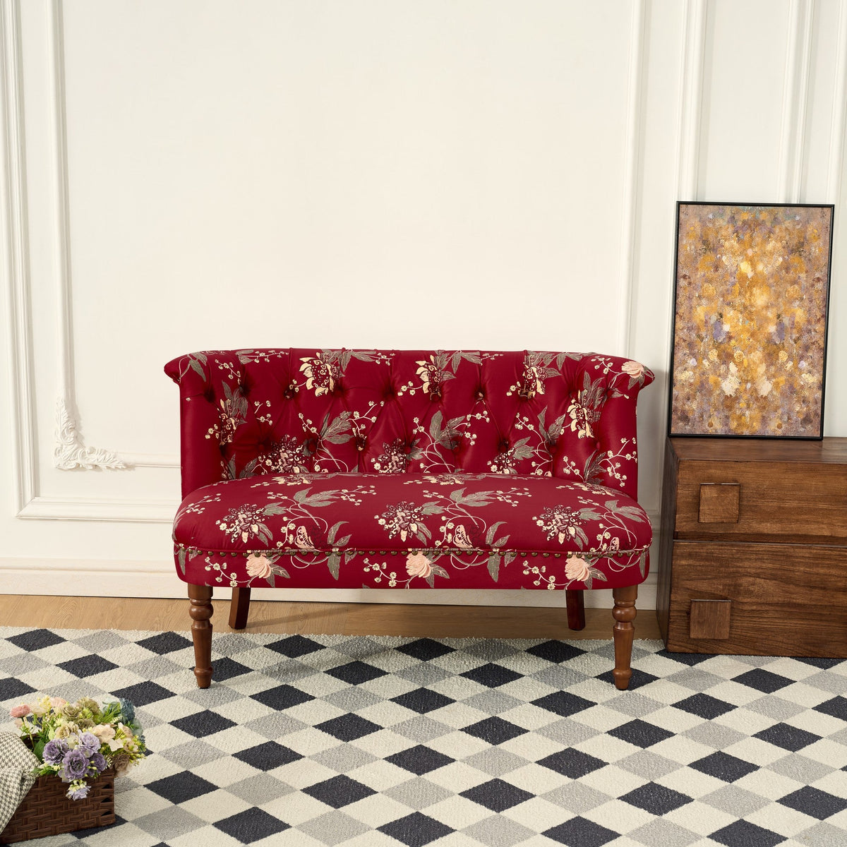 European Style Wine Red Sofa Chair with Floral Print – Wine Red
