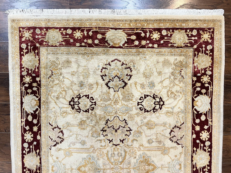 Peshawar Rug 5x7, Beige and Maroon, Vintage Handmade Wool Traditional Carpet 5 x 7 ft, Pakistani Rug, Agra Pattern, Very Fine 260 KPSI by Jewel Rugs